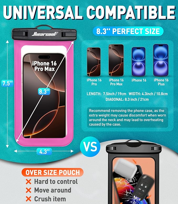 Hiearcool Waterproof Phone Pouch,Waterproof Phone Case for iPhone 16 15 14 13 Pro Max Plus up to 8.3",IPX8 Cellphone Dry Bag for Beach Cruise Travel-Bright Red-2Pack