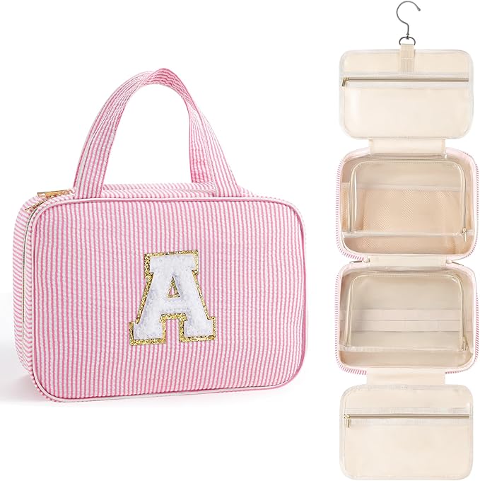 TOPEAST Hanging Toiletry Bag Makeup Bag for Women Girls, Large Capacity Personalized Initial Toiletry Bag Cosmetic Bag, Birthday Gifts for Women Teen Girls, Pink A
