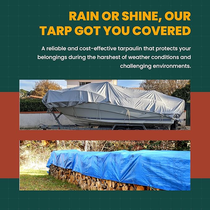 Large Waterproof Tarp - Heavy Duty 10 Mil Thick Poly Tarpaulin Ideal for Canopy Tents, Boats, RV or Pool Covers - Multipurpose Protective Tarps with Grommets for Indoor and Outdoor Use | 24' x 36'