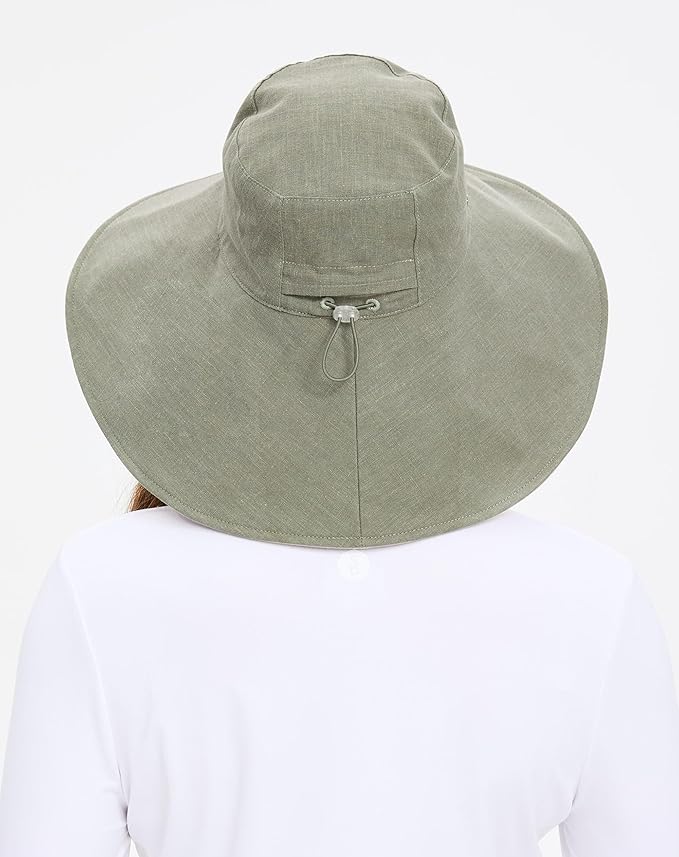 Solbari Women’s Ultra-Wide Cotton Linen Sun Hat UPF 50+, Packable, Adjustable with Ponytail Hole for Travel, Beach & Outdoors