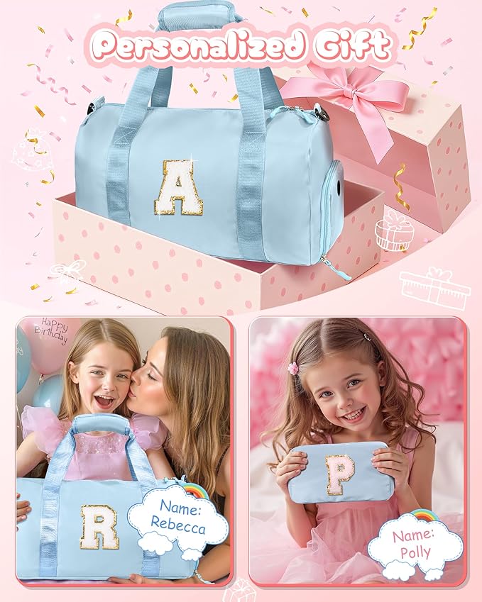 Easter Basket Stuffers Gifts for Kids-Girl Gym Bag with Shoe Compartment, Kid Personalized Weekender Overnight Bags, Initial Travel Tote with Makeup Pouch, Valentines Day Gift (Letter P)