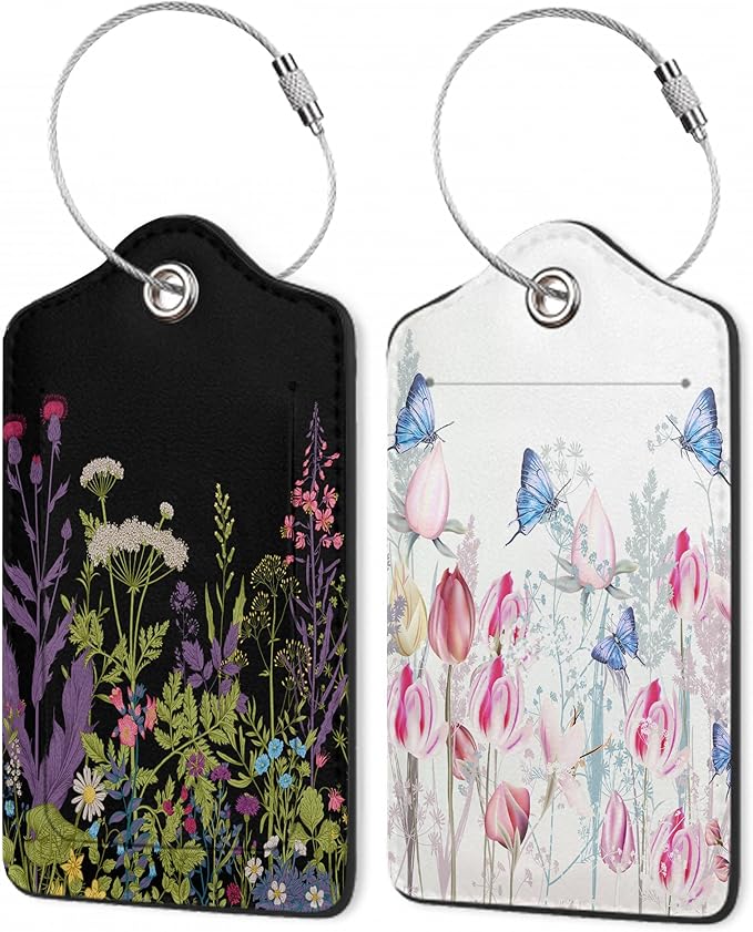 Butterfly Luggage Tags for Suitcase,Colorful Pink Tulip Flowers Luggage Tags of Set 2 Leather Identifiers Privacy Cover with Stainless Steel Loop for Women Men Travel Bag Suitcase