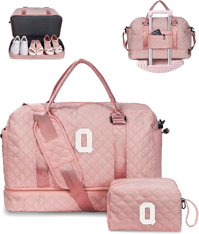 Preppy Stuff for Teenage Girl Gifts-Initial Duffle Bag with Shoe Compartment, Weekender Bag, Monogram Overnight Bag, Letter Travel Bag with Makeup Bag，Birthday Gift for Women Girl (Letter Q)