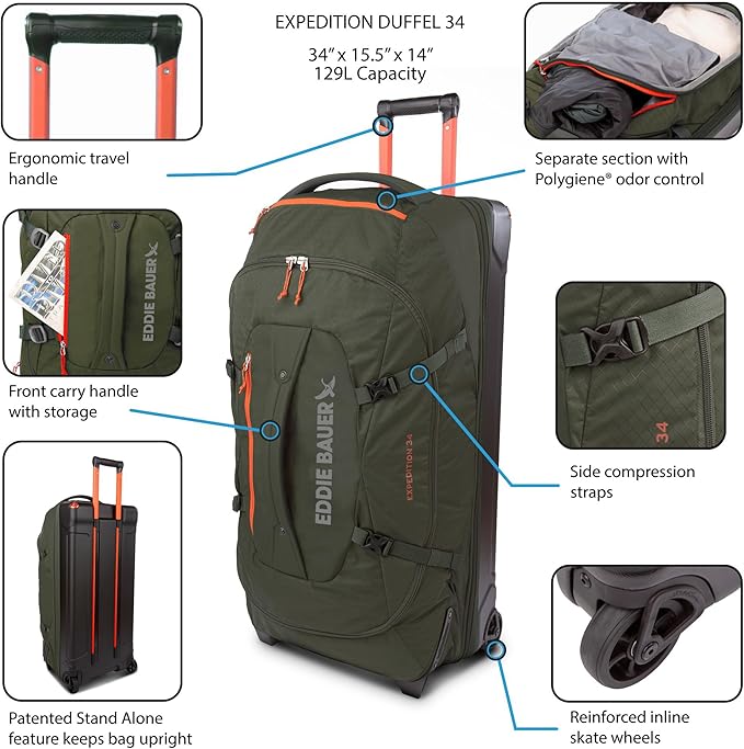 Eddie Bauer Expedition 34 Duffel 2.0 - Lightweight Travel Luggage Made From Rugged Polycarbonate and Nylon, True Blue
