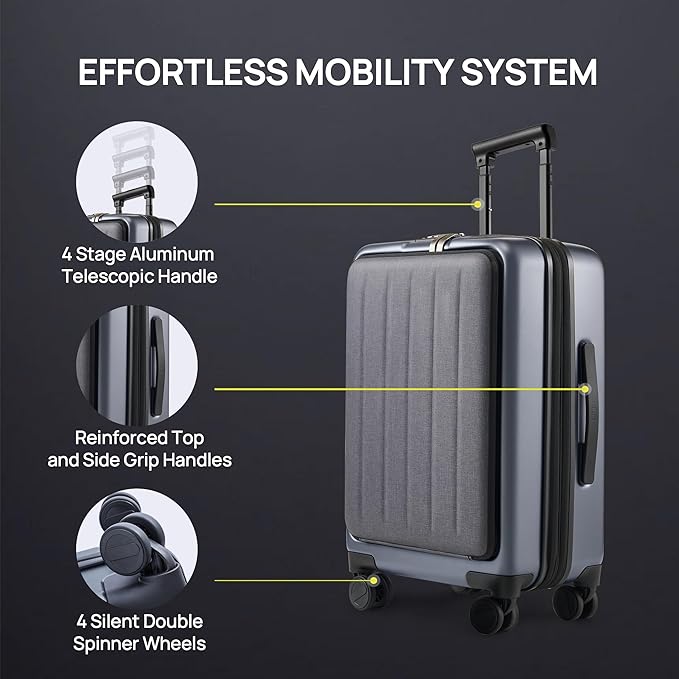 NINETYGO Carry on Luggage 22X14X9 Airline Approved with Front Pocket, 20 Inch Luggage with Front Compartment, Expandable, Double Spinner Wheels, Hardsided PC, TSA Lock (Shadow, Seine Max)