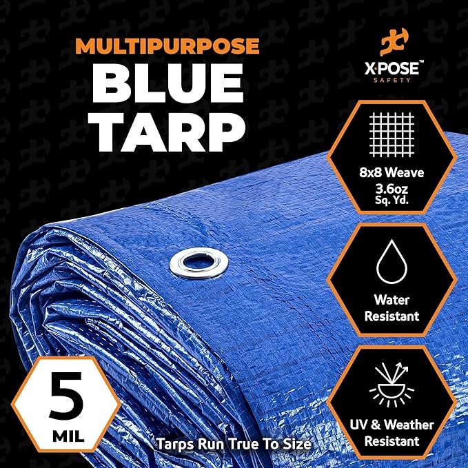 Better Blue Poly Tarp 10' x 12' - Multipurpose Protective Cover - Lightweight, Durable, Waterproof, Weather Proof - 5 Mil Thick Polyethylene - by Xpose Safety