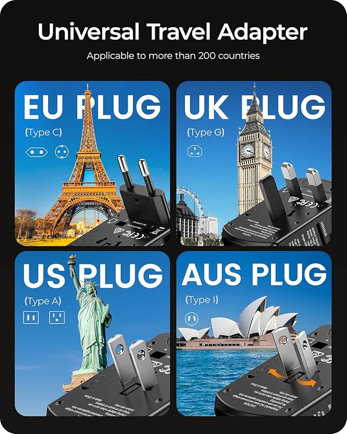 LENCENT Universal Travel Power Adapter, International AC Plug Adaptor with 2 USB C 2 USB A Ports Wall Charger Worldwide Travel Essentials for US to EU UK Ireland Australia (Type C/G/A/I) Black