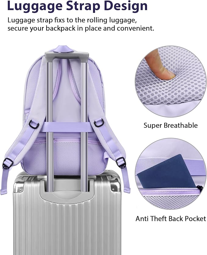 MATEIN Womens College Backpack, Stylish Casual Bag with Trolley Sleeve Fits 17 Inch Laptop, Water Resistant Work Commute Daypack with USB Charging Port, Graduation Gifts, Purple Blue