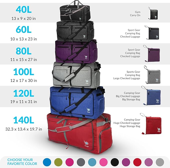 Bago Large Foldable Duffel Bags for Traveling Women & Men - 120L Packable Duffle Bag for Travel with Shoe Compartment - Water Repellant, Heavy Duty, Lightweight Folding & Collapsible (Blue)