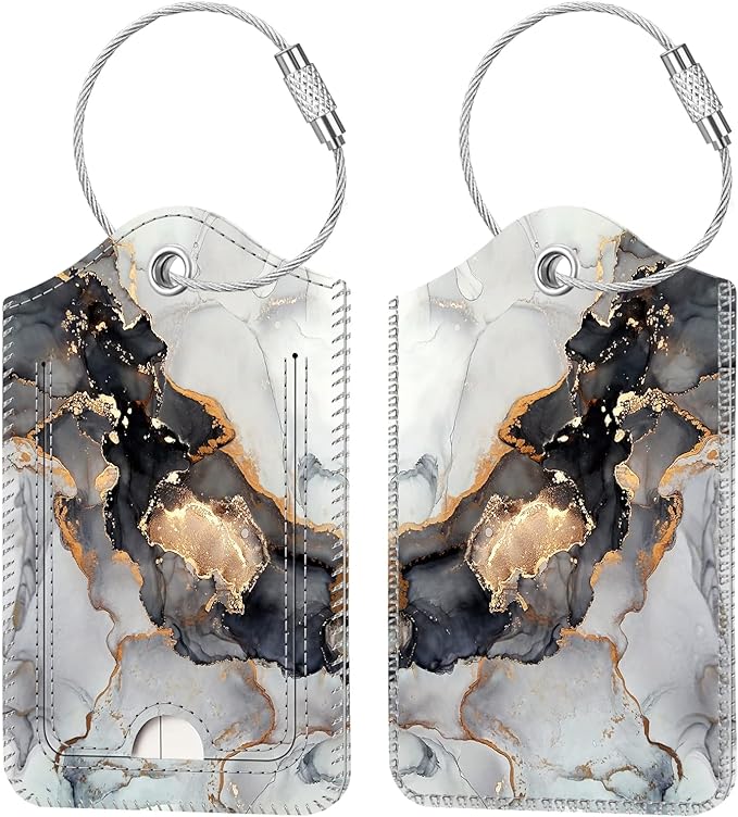 Fintie Luggage Tags, Privacy Cover ID Label with Stainless Steel Loop and Address Card for Travel Bag Suitcase - Cloudy Marble (2 Piece)