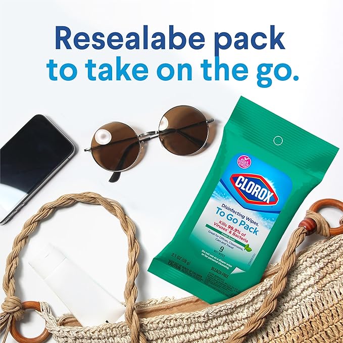Clorox Disinfecting On The Go Travel Wipes, Fresh Scent, 9 Count, Pack of 24 (Package May Vary)