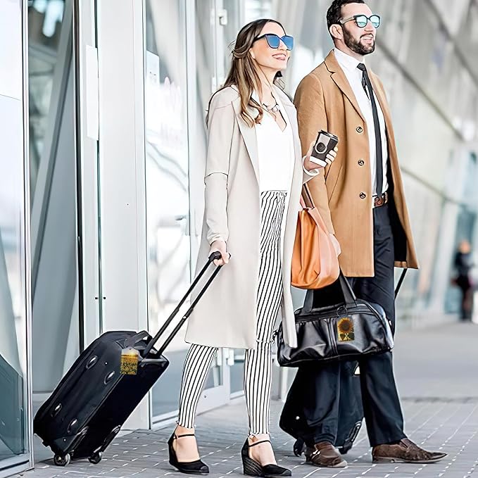 Luggage Tags for Suitcase,Field Sunflowers Sunset Luggage Tags of Set 2 Leather Identifiers Privacy Cover with Stainless Steel Loop for Women Men Travel Bag Suitcase