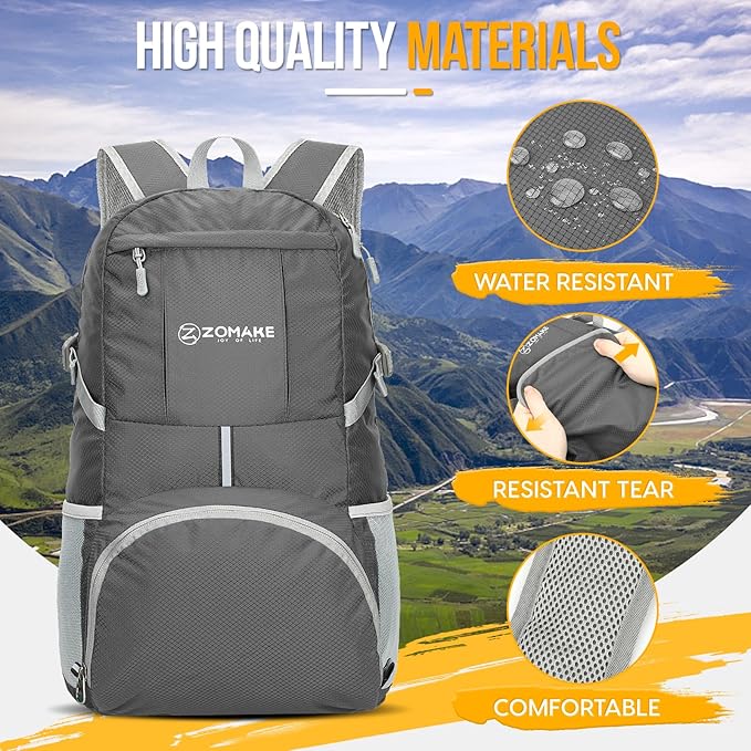 ZOMAKE Lightweight Packable Backpack 35L, Light Foldable Backpacks Water Resistant Collapsible Hiking Bag, Compact Folding Day Pack for Travel Camping(Dimgray)