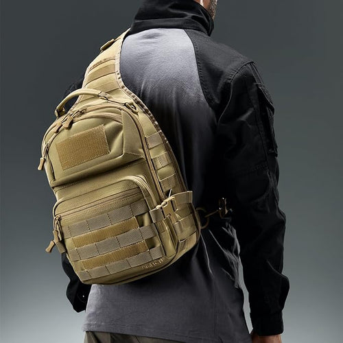 15L Tactical Crossbody Sling Bag | Everyday One Shoulder Backpack Fit 12 Inch Laptop, Molle, Daily Use, Travel, Hiking (Tan)