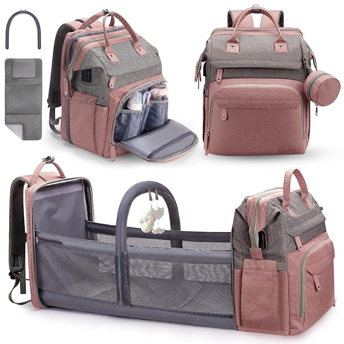 DERJUNSTAR Diaper Bag Backpack – Large Capacity Baby Diaper Bag with Changing Pad, Waterproof Travel Backpack for Boys & Girls, Multi-Function Baby Bag with USB Charging Port, Rose Pink