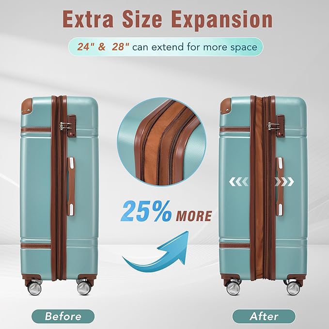 Merax Luggage Set 2 Piece Suitcase Set with Cosmetic Case Expandable Spinner Wheels Vintage Luggage Sets(Blue Green,20"+24")