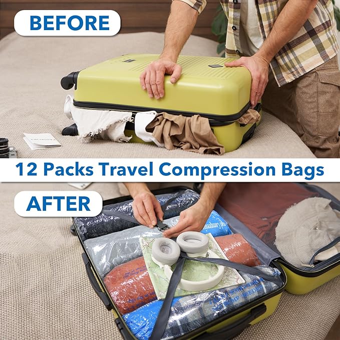 12 Pack Compression Bags for Travel | Vacuum Seal Storage Bags for Luggage & Dirty Clothes | Travel Packing Space Saver Bags for Suitcases & Home Organization | MEIQIHOME