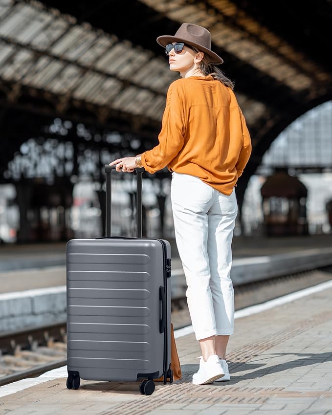 Carry on Luggage 22 X 14 X 9 Airline Approved, 20 Inch Luggage for 3-5 Days Travel, Double Spinner Wheels, 100% Hardshell PC, TSA Lock (00-Grey (Expandable), Set 2PCS (20-Inch/28-Inch))