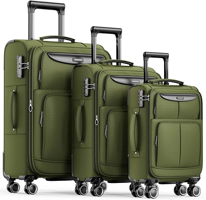 SHOWKOO Luggage Sets 3 Piece Softside Expandable Lightweight Durable Suitcase Sets Double Spinner Wheels TSA Lock Olive Green (20in/24in/28in)