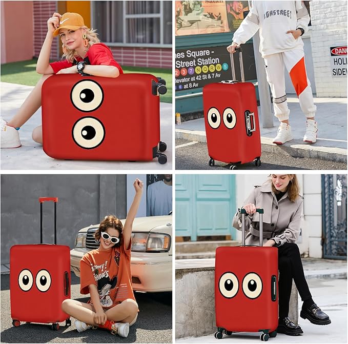 ANNA QUEEN Funny Cartoon Eyes Luggage Cover, Red Suitcase Protector with Cute Big Eyes Design, Travel Suitcase Cover for 20-22 Inch Luggage, Stretchable & Washable Spandex Travel Accessories