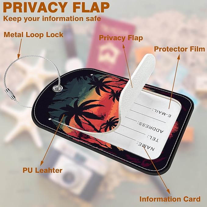 Sunset Mountain Lake Palm Tree Leather Luggage Tag for Suitcase 2 Pack Luggage Tag with Privacy Name ID Label and Stainless Steel Loop for Travel Bag Suitcase