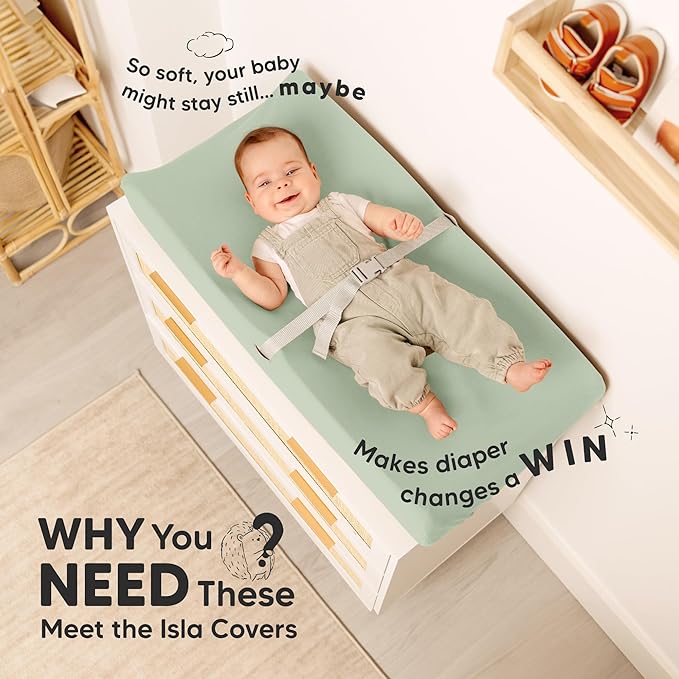 2-Pack Baby Changing Pad Covers for Girl, Boy, Neutral - Soft Viscose Derived from Bamboo Changing Table Pad Cover Sheets, Baby Nursery Diaper Changing Pad Cover, Contour Changing Pad Liner (Sage)