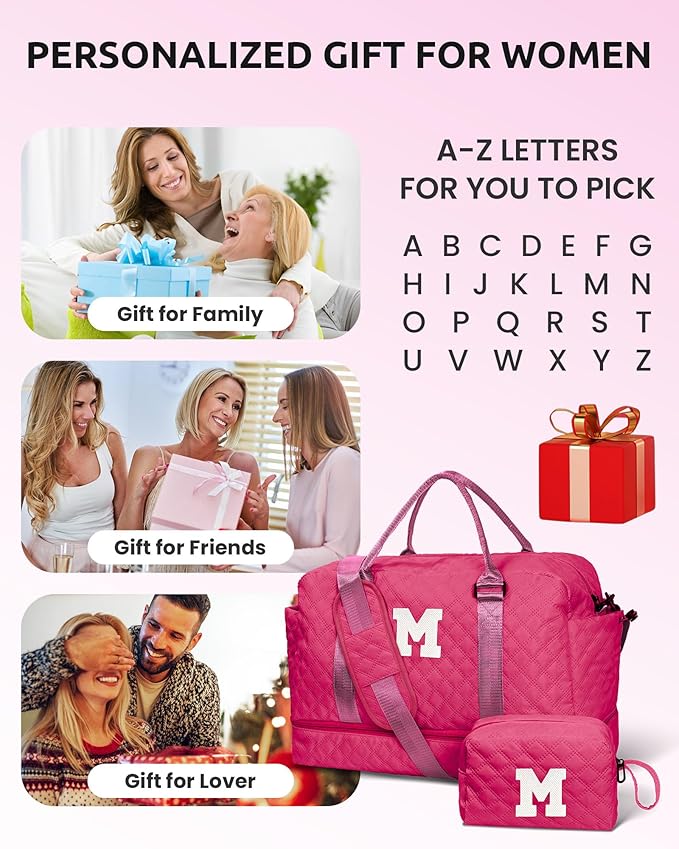 College Graduation Gifts,Birthday Gift-Initial Travel Bag with Shoe Compartment, Personalized Weekender Bag, Monogram Overnight Bag for Women, Letter Travel Bag with Makeup Bag (Letter V)