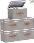Collapsible Storage Bins with Lids, 5 Pack Linen Foldable Cloth Baskets, 15 x 9.8 x 9.8 Inch Closet Organizer Containers with Double Handles, Sweater Boxes for Bedroom, Grey