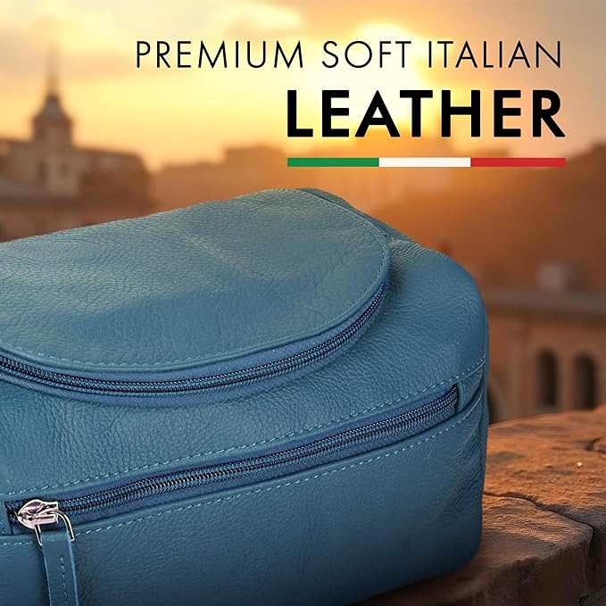 ELIZO Premium REAL Leather Toiletry Bag for Men Dopp Kitt Hanging Mens Toiletry Large TSA Toiletries Bag Shaving Grooming Bag Organizer Espresso (Blue, Large)