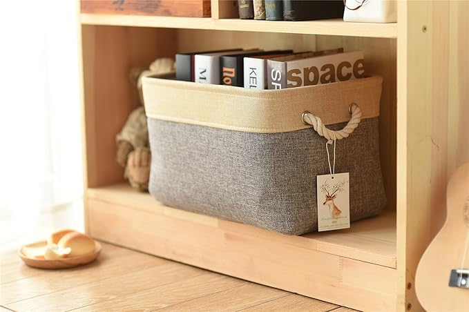 TheWarmHome Storage Basket - 15.7L×11.8W×8.3H 1 Pack Large Baskets for Organizing Shelves, Storage Bins for Clothes Book Shelf Home Fabric Storage Cubes (Gold and Grey)