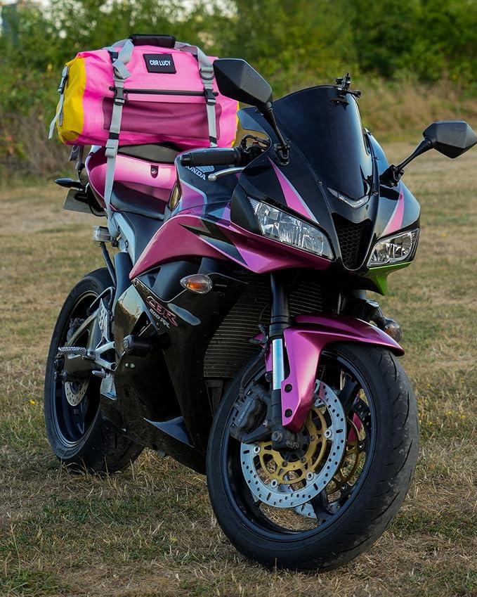 IRON JIA'S Motorcycle Dry Bag - Waterproof Duffle & Luggage Tail Bag Saddle Bags with Roll Top Closure, Shoulder Straps, Inner Pocket and Mesh Pocket (Pink, 50L)