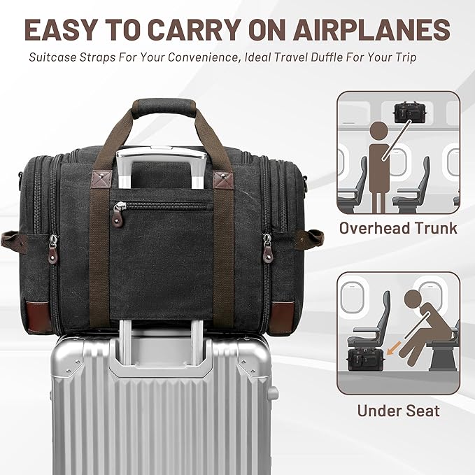 Travel Duffle Bag for Men, Heavy Duty Canvas Duffle Bag, Carryon Bags for Airplanes, Expandable Vintage Leather Overnight Luggage Weekender Bag, Waterproof Anti-tear Canvas Bag
