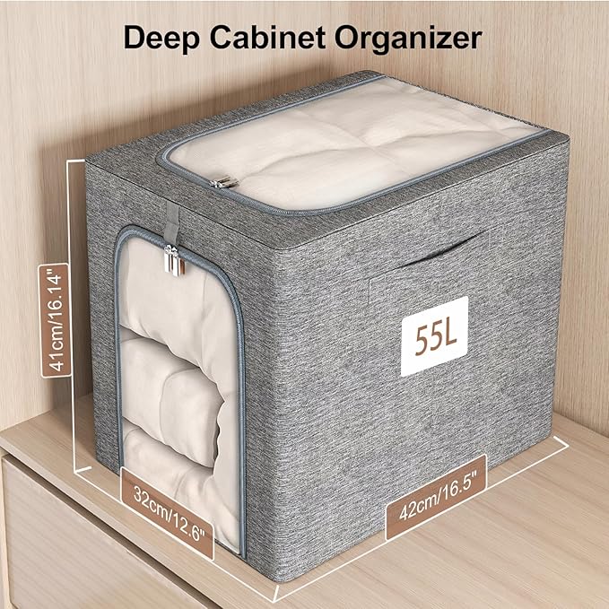 GoMaihe Clothes Storage Bins Metal Frame: 55L Extra Large Stackable Closet Storage Bin with Lid & Clear Window, Heavy Duty Blanket Box for Winter Coats Comforters (Fits Deep Closet 6-Pack)