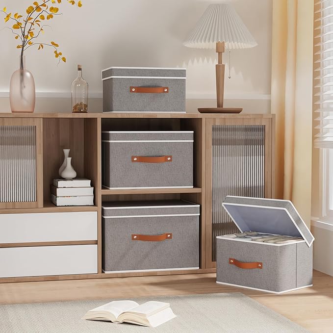 Collapsible Storage Bins with Lids, Linen Foldable Cloth Baskets, 17.7 x 11.8 x 11.8 Inch Closet Organizer Containers with Double Handles, Sweater Boxes for Bedroom, Grey, 5 Pack