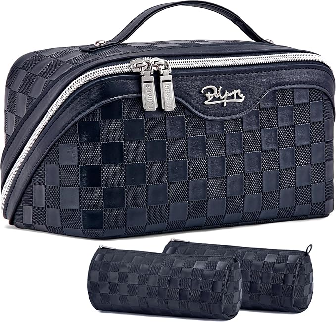 Travel Makeup Bag Organizer Cosmetic Bag: 3 Pcs Set Make up Bags for Women with Handle - Waterproof Vegan Leather Toiletry Bags with Comparments (C-12-Dark Blue)