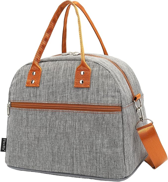 FlowFly Insulated Lunch Bag With Shoulder Strap for Women, Men, and Kids, Large and Reusable, Handle, Freezable Work and School Travel Tote and Meal Prep Organizer,Grey