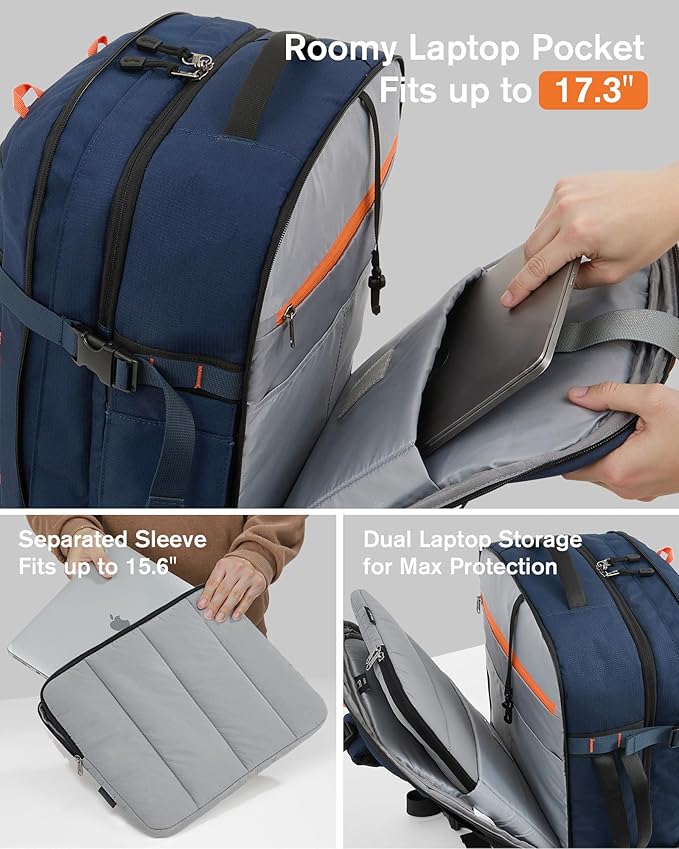 Tolaccea Travel Laptop Backpack, TSA Flight Approved Carry On Travel Duffel Backpack, Dual Laptop Storage for 17.3" and 15.6" Laptop, Large Luggage Backpack 40-45L Expandable for Men Women (Navy Blue)