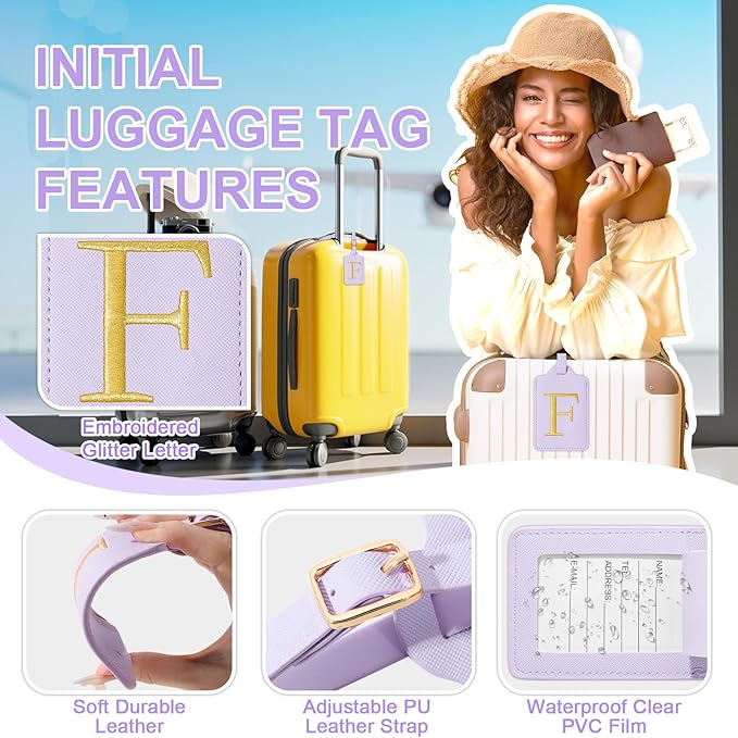 Personalized Initial Luggage Tags for Suitcase, Purple Leather Cute Luggage Tags with Privacy Cover Name Card, Embroidered Custom Monogrammed Luggage Tag Travel Backpack Tags Gifts for Women Kids(F)