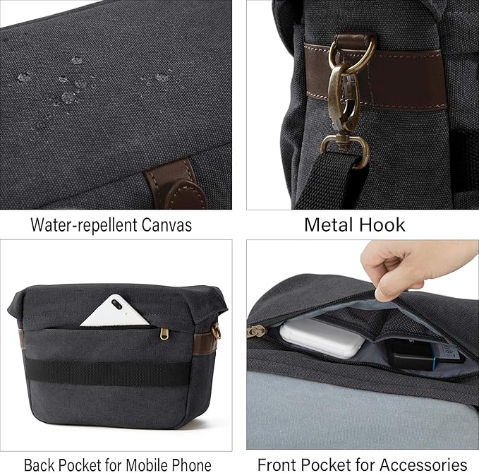 BAGSMART Camera Bag, SLR DSLR Canvas Crossbody Camera Case, Compact Camera Shoulder Bag with Rain Cover for Women and Men, Black