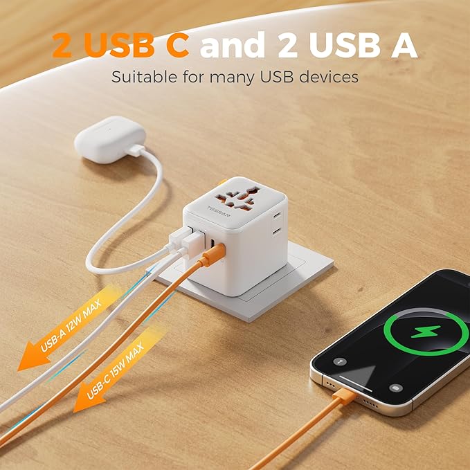 TESSAN Universal Travel Adapter, Power Adapter Worldwide with Extra 2 Prong AC Outlet, 4 USB Ports (2 USB C), International Plug Adaptor for US to Europe Italy UK Australia Ireland (Type C G A I)
