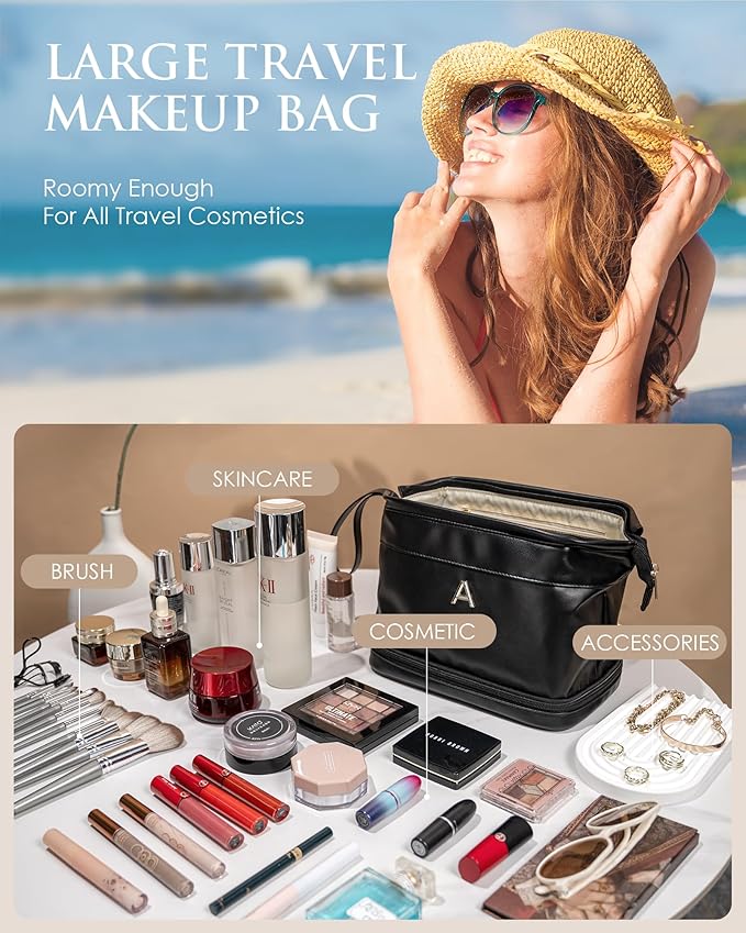 Girlfriend Gifts, Personalized Makeup Bag, Initial Double Layer Cosmetic Bag with Makeup Brush Organizer, PU Leather Travel Toiletry Bag Gifts for Women Her Friend Sister Mom Gifts