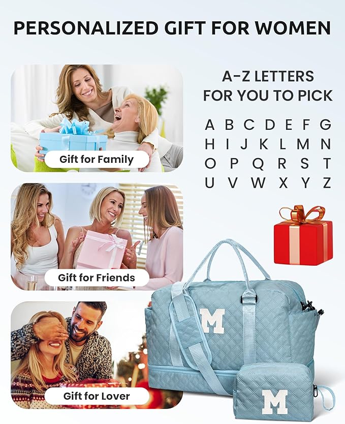 Voguewood Girl Duffle Bag for Tweens with Shoe Compartment, Monogrammed Overnight Travel Bag for Women, Including Wet Pocket & Trolley Sleeve (Letter K)