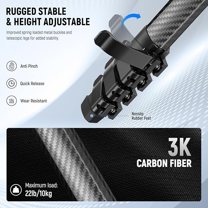NEEWER LITETRIP LT38 61" Travel Tripod Carbon Fiber for Camera, 360° Pan Tilt Low Profile Ball Head, Flexible Center Axis, Arca QR Plate Compatible with Peak Design Tripod Clip V3, Max Load 22lb