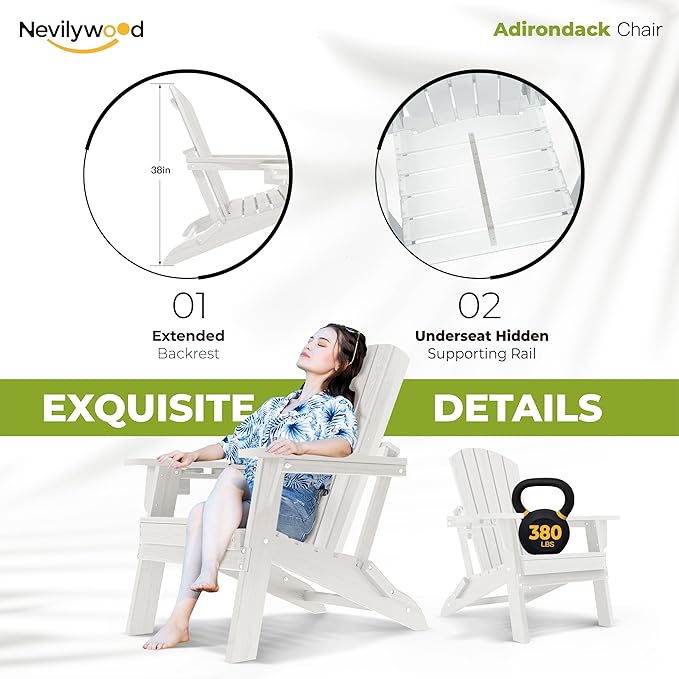 Folding Adirondack Chair, Ergonomic Extended Backrest, HDPE All-Weather, 380lbs Capacity, Maintenance-Free, Cup Holder, （White）- Outdoor Patio & Firepit Chair