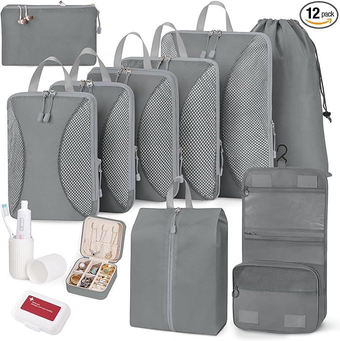 Compression Packing Cubes 12 Set, Suitcase Organizers, Extendable Packing Cubes, Gray