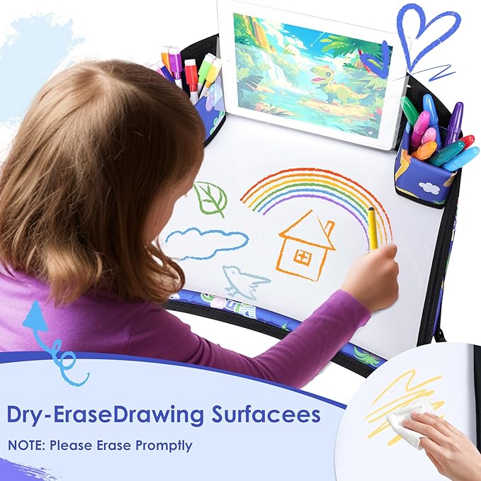 Kids Travel Tray for Airplane - Toddler Car Seat Table Tray, Road Trip Essentials for Boys & Girls, Carseat Lap Desk for Kids Road Trip Activities,Blue Dinosaur
