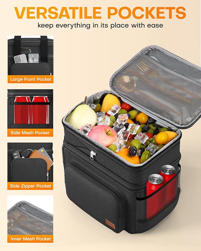 HOTOR Lunch Box for Men and Women - Leak-Proof Insulated Lunch Cooler Bag with Adjustable Strap, Multiple Pockets for Office, Picnic, Hiking, Beach, 2 Layer, 17L, Black, 12.2" x 7.9" x 10.6"