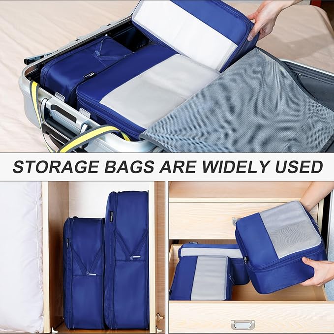 6 Set Compression Packing Cubes for Travel Essentials, Luggage Organizers for Suitcases (Dark Blue)
