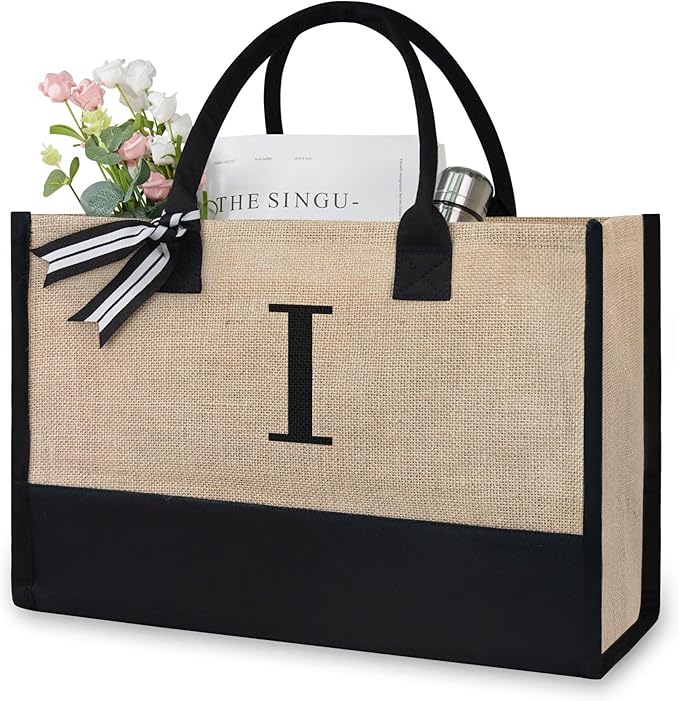 TOPDesign Initial Jute/Canvas Tote Bag, Personalized Present Bag, Suitable for Wedding, Birthday, Beach, Holiday, is a Great Gift for Women, Mom, Teachers, Friends, Bridesmaids (Letter I)