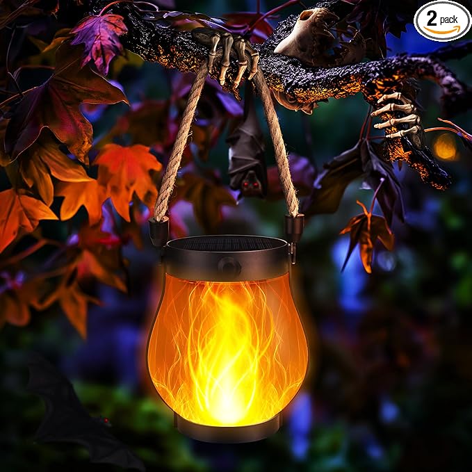 Halloween Solar Flame Lantern Hanging Outdoor Waterproof Purple - 2 Pack Flame Lanterns with Dual Charging Modes of Solar & USB for Garden or Yard Halloween Decorations (Warm White - 1 Pack)